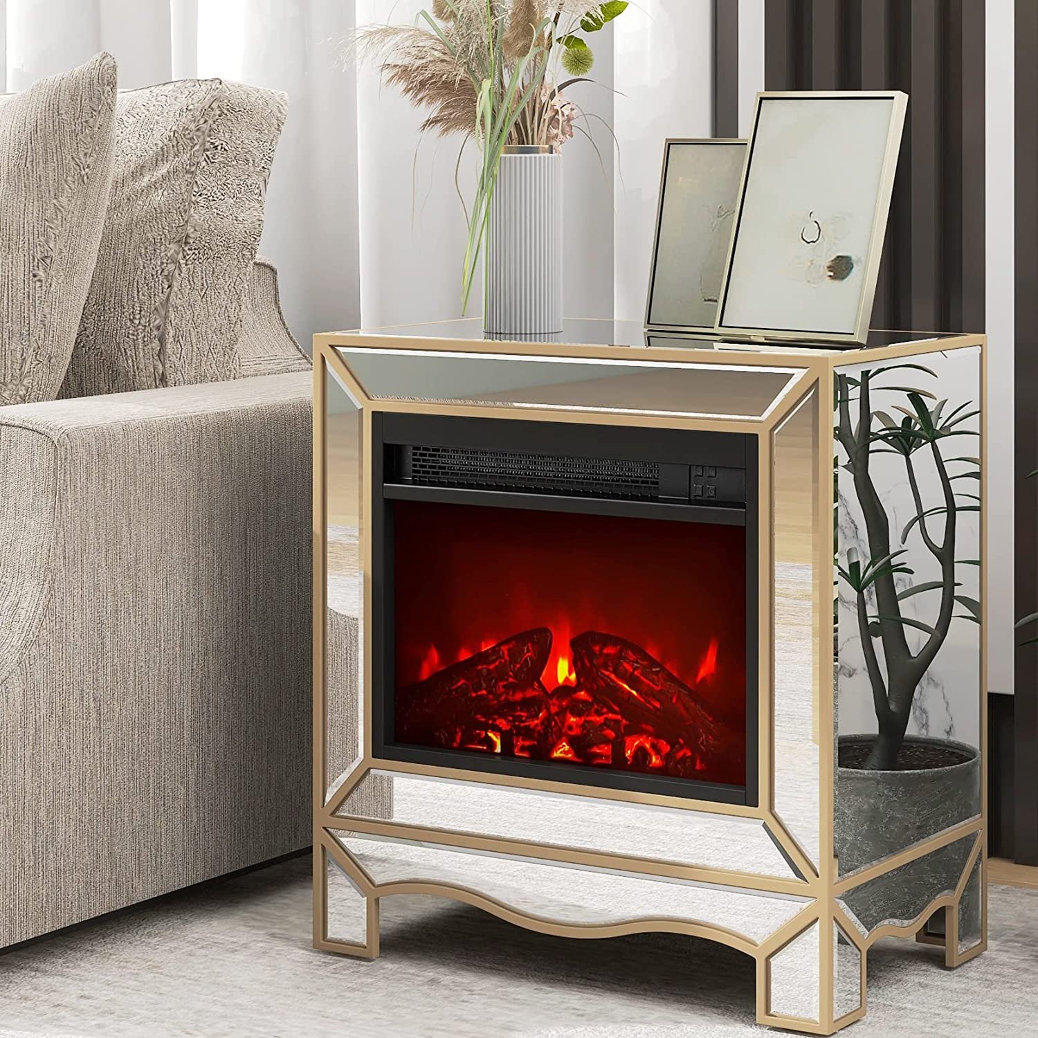 IKIFLY Mirrored Electric Fireplace Nightstand, Golden Lines Mantel  Freestanding Heater w/3D Realistic Flame Effect and Remote Control , Corner  Firebox for Living Room Bedroom - Walmart.com