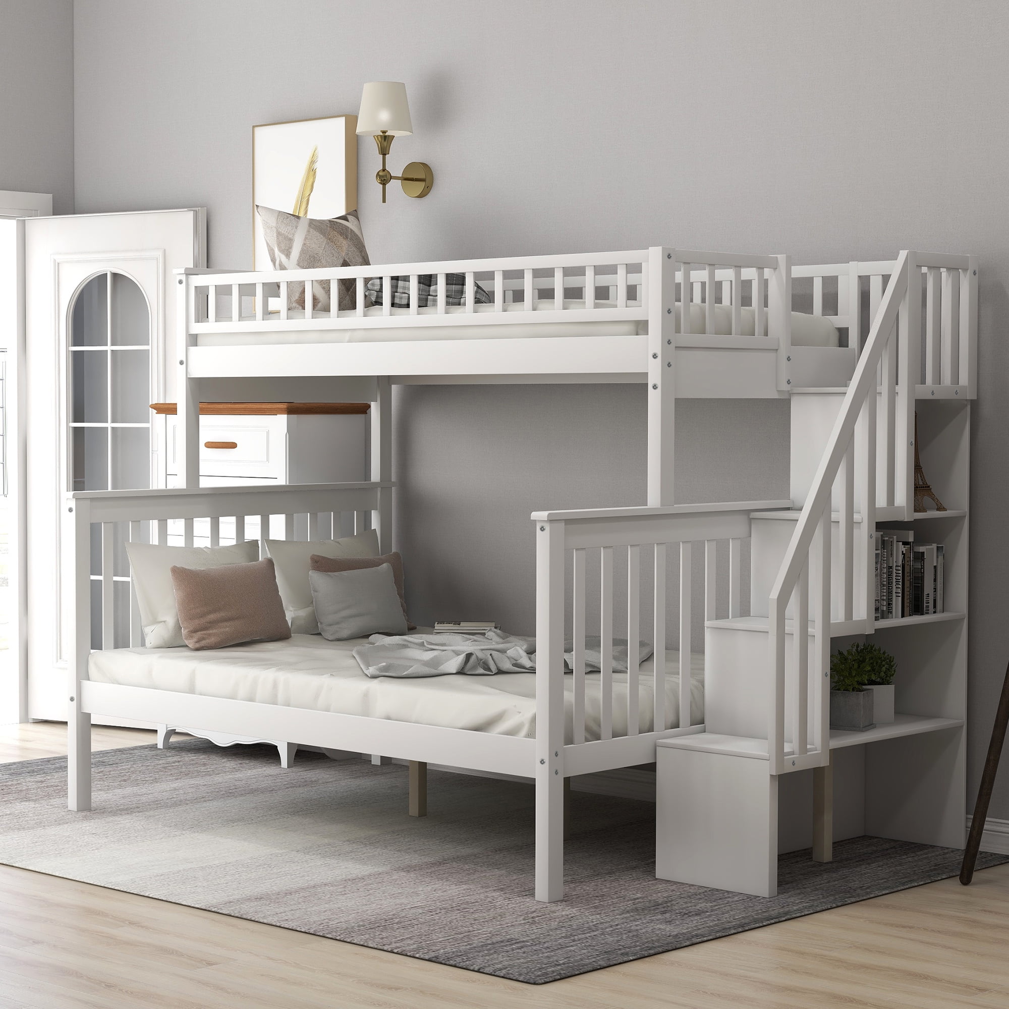 White Twin Over Twin Bunk Bed Convertible Kids Wood Bedroom Furniture Dorm Ladde 