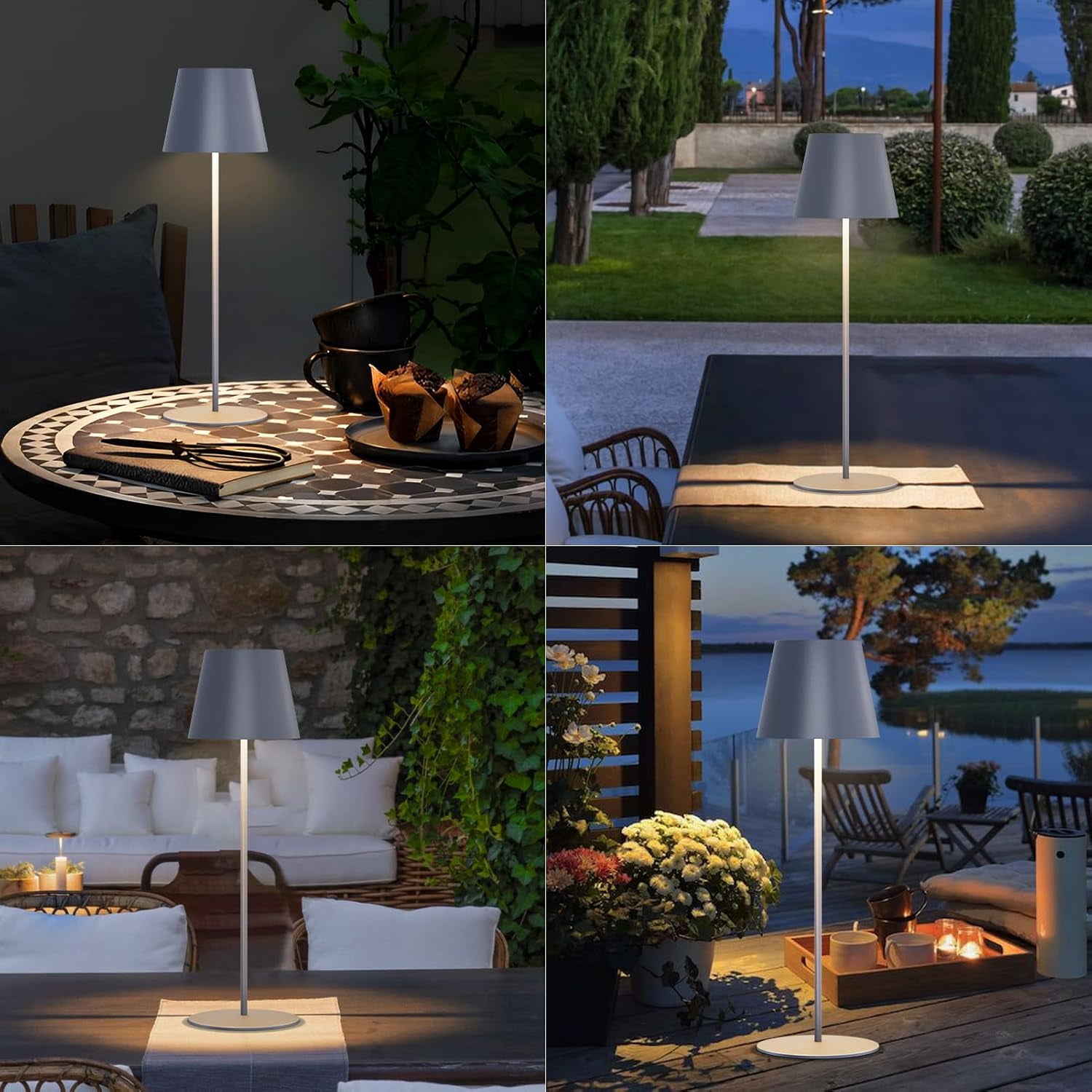 Postlucky 2 Pack 15" Cordless Table Lamp with LED, Touch Control, Dimmer, Plastic Shade, Metal Base, Matte Gray