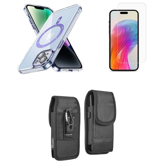 Bemz Magnetic Case for iPhone 15 Plus with Camera Lens Protection (MagSafe Compatible) Shockproof Transparent Cover, Glass Screen Protector, Vertical Rugged Nylon Belt Holster Pouch (Lavender Purple)