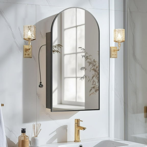 Arched Medicine Cabinet with Mirror, Black Medicine Cabinet Wall Mounted, Bathroom Vanity Mirror with Storage, Mirrored Cabinet with Adjustable Shelves, Charging Station, 2 Power Outlets, 16X32 Inch