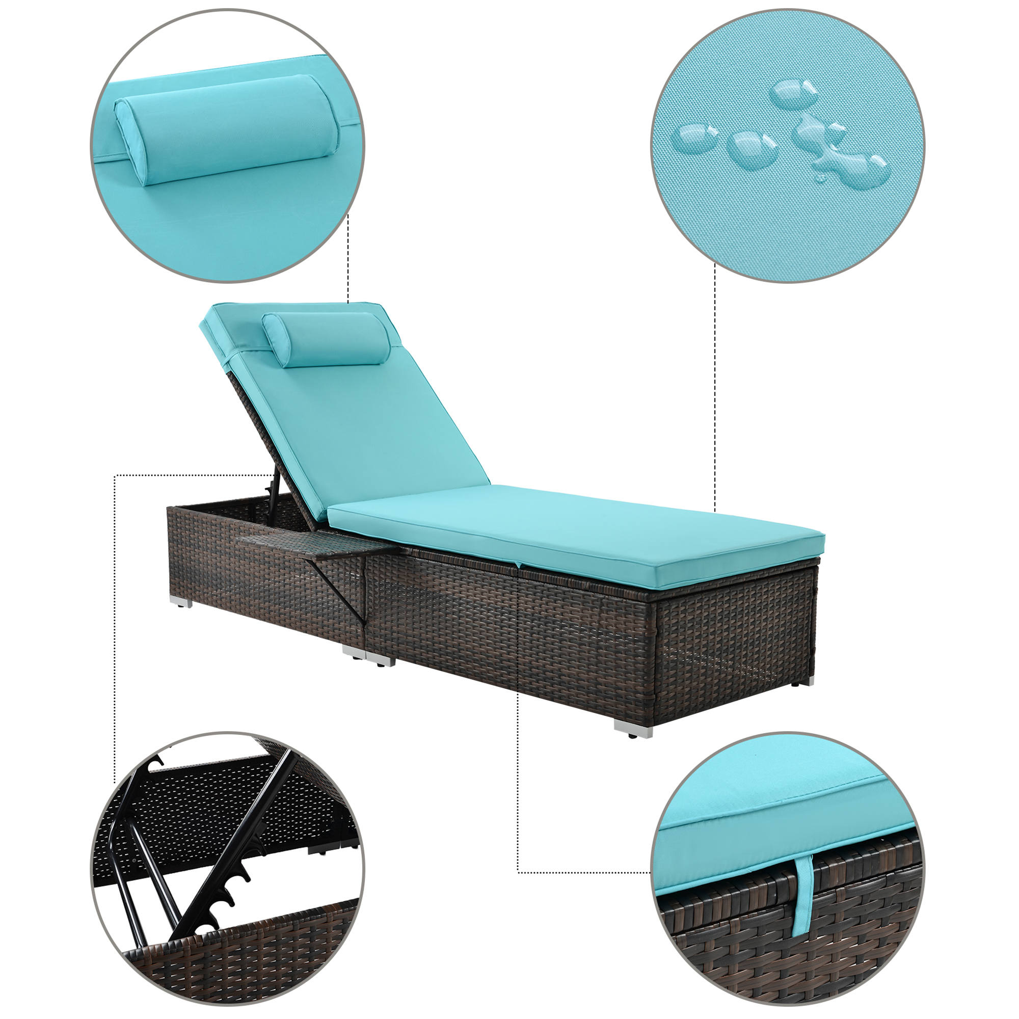 Outdoor PE Wicker Chaise Lounge, 2 Piece Patio Brown Rattan Reclining Chair Furniture Set, Beach Pool Adjustable Backrest Recliners with Side Table and Comfort Head Pillow, Brown - image 4 of 7