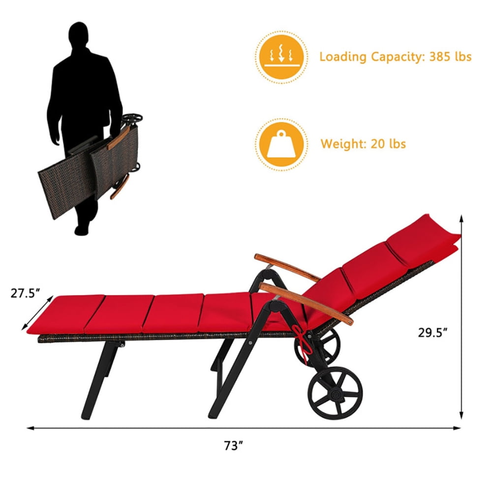 Aimee Lii Folding Patio Rattan Lounge Chair with Wheels, Patio Loungers, Red