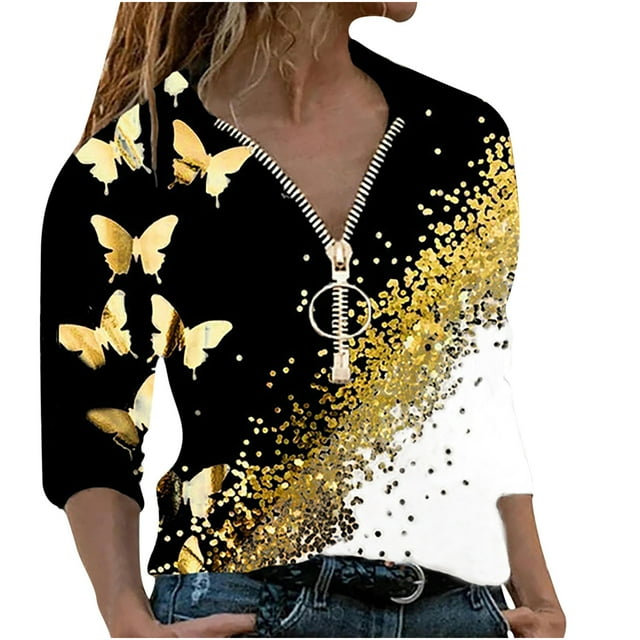 Blusa informal con cuello en V y manga larga con estampado de mariposa y cremallera para mujer Pompotops gfhjh5281