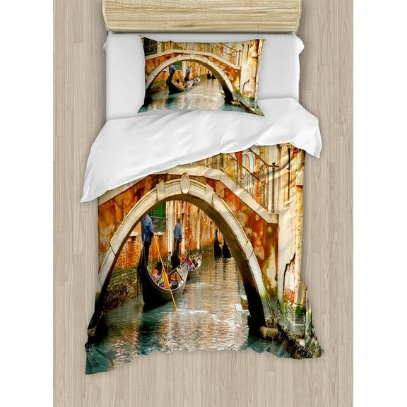 Venice Duvet Cover Set, Bridge and Traditional Gondola Canals of Famous Touristic City, Decorative 2 Piece Bedding Set with 1 Pillow Shams, Twin Size, Orange Ivory Bluegrey, by Ambesonne