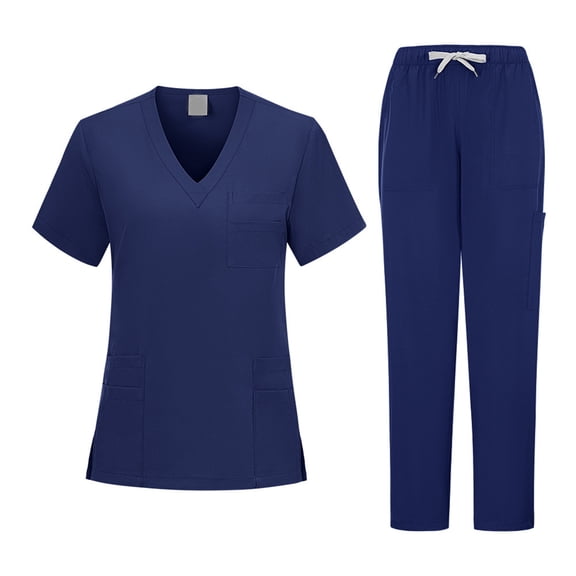 HAJWOH Navy Scrubs for Men Set XL Stretchy Nurse Uniform Short Sleeve V-Neck Scrub & Yoga Jogger Pants Solid Color Scrub Suit with Multi Pockets Navy XL