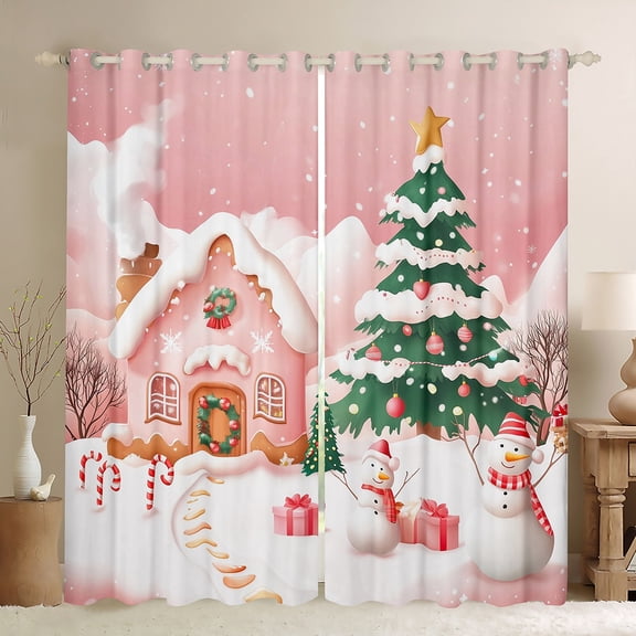 Manfei Girls Pink Christmas Black Out Curtains, Gingerbread House Snowman Curtains Pack of 2 (42x63 Each), Xmas Tree Sled Bedroom Curtains, Luxurious Home Decor