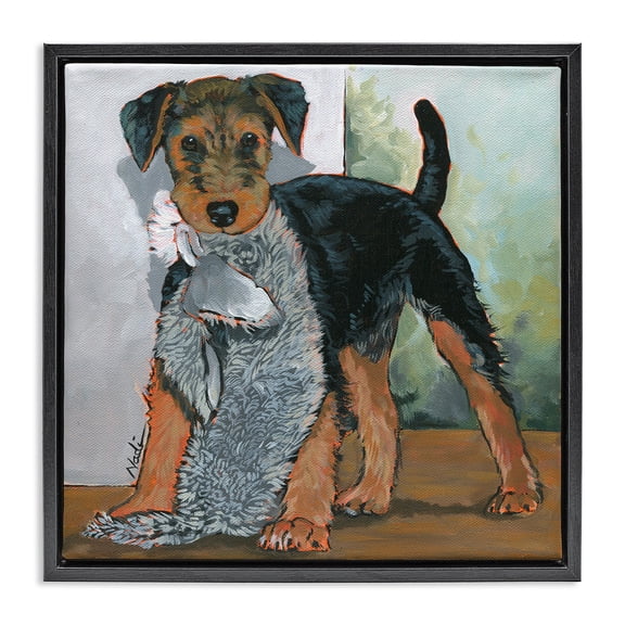 Stupell Industries Modern Terrier Dog with Toy Black Floating Frame Canvas Art, 18 x 18, by Nadi Spencer