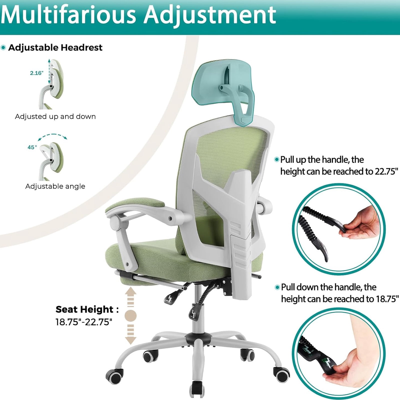 Casabay Ergonomic Home Office Desk Chair, High Back Mesh Reclining Swivel Chair with Footrest & Armrest for Back Pain Relief, Green