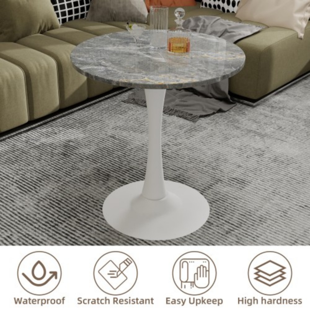 27.6" Round Coffee Table, Dark Gray Veined Marble-Look Top with White Pedestal Base, Mid-Century Modern Dining Table for 2-4, Living Room