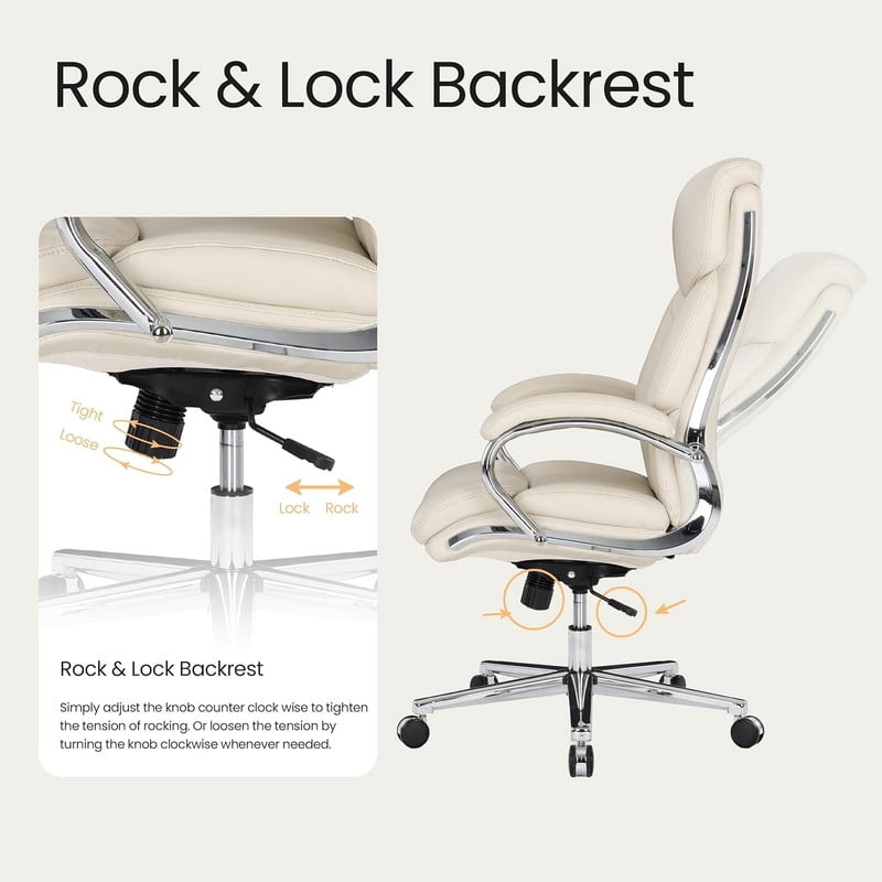 COLAMY High Back Executive Office Chair, PU Leather Computer Desk Chair with Extra Thick Padded Seat Cushion, Quiet Rubber Rolling Casters and Adjustable Tilt Tension for Home Workspace,Beige