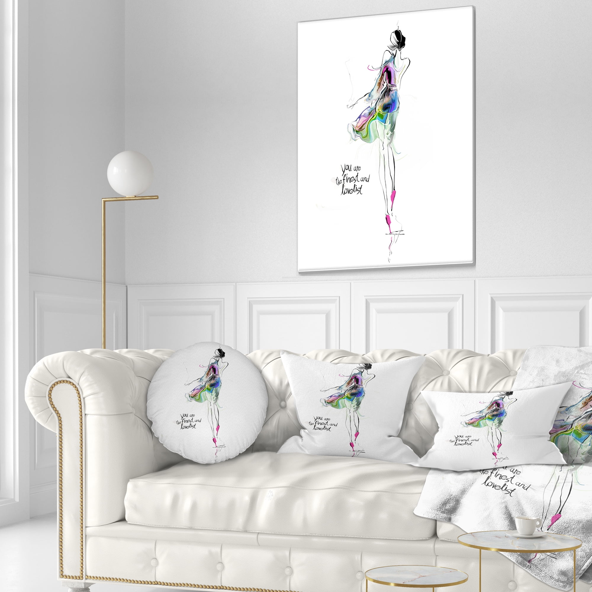 Designart Young Woman Green Purple - Abstract Portrait Throw Pillow - 12x20