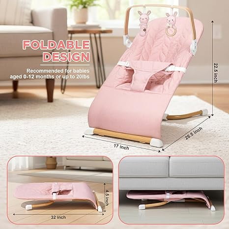 3 in 1 Baby Bouncer (Sit, Play & Relax),3 Recline Positions,Foldable Baby Rocker Chair W/ Removable Wooden Bar for 0-12 Months Infant & Toddler,Pink