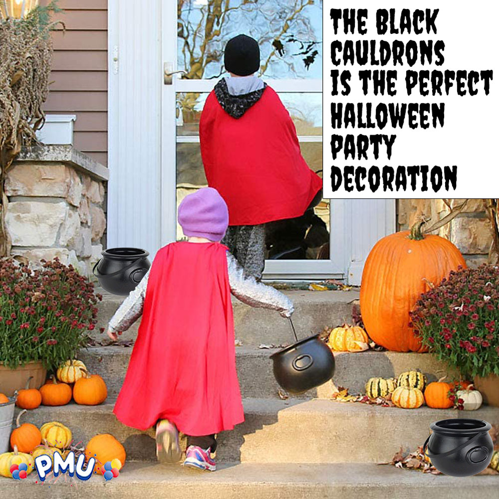 PMU Halloween Cauldron - 8 Inch Black Plastic Candy Holder for Kids - Halloween Party Favors & Supplies (6/pkg) Pkg/1 - image 3 of 7