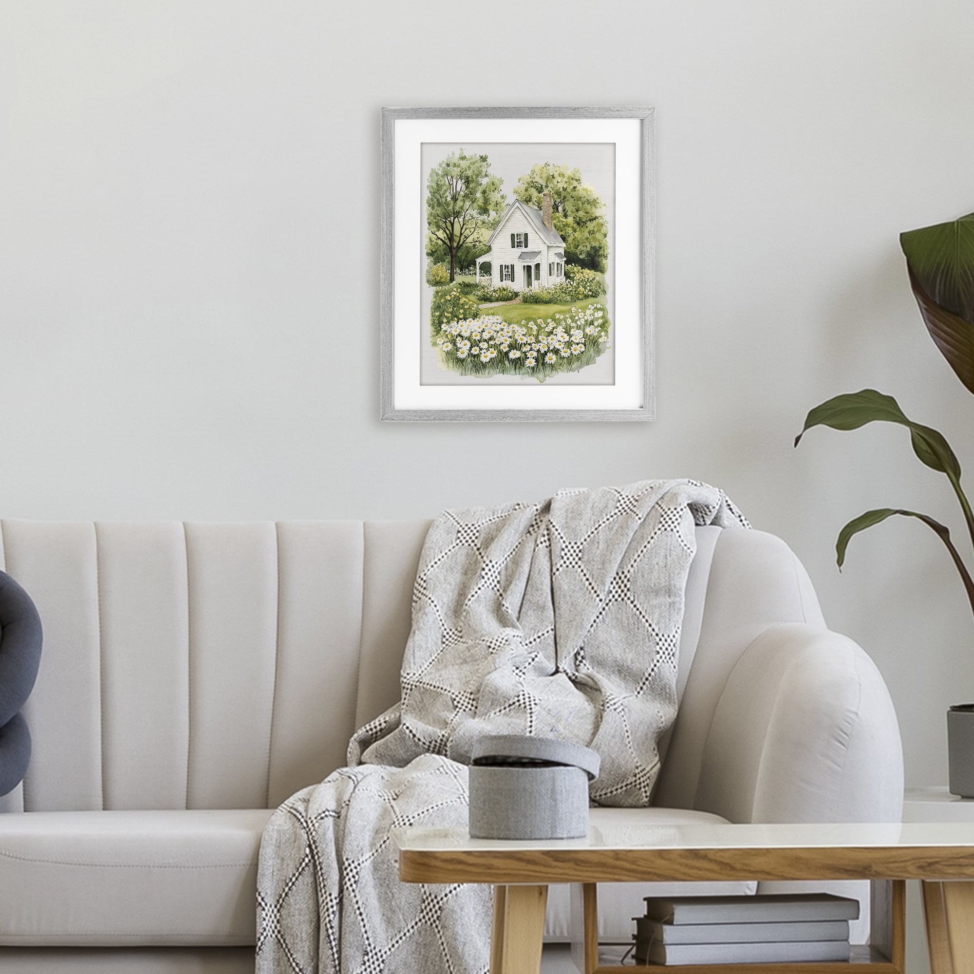 Quaint Countryside Cottage Garden Gray Framed Print Under Glass, design by Lettered and Lined