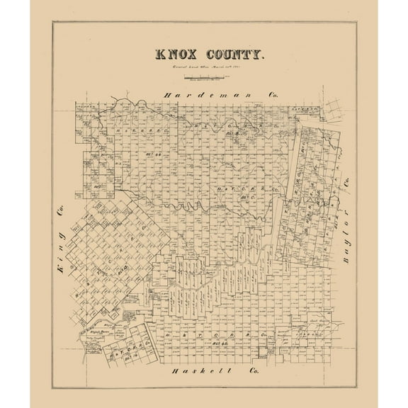 Historic County Map - Knox County Texas - General Land Office 1880 - Vintage Wall Art