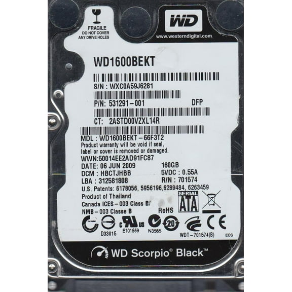 WD1600BEKT-66F3T2, DCM HBCTJHBB, Western Digital 160GB SATA 2.5 Hard Drive