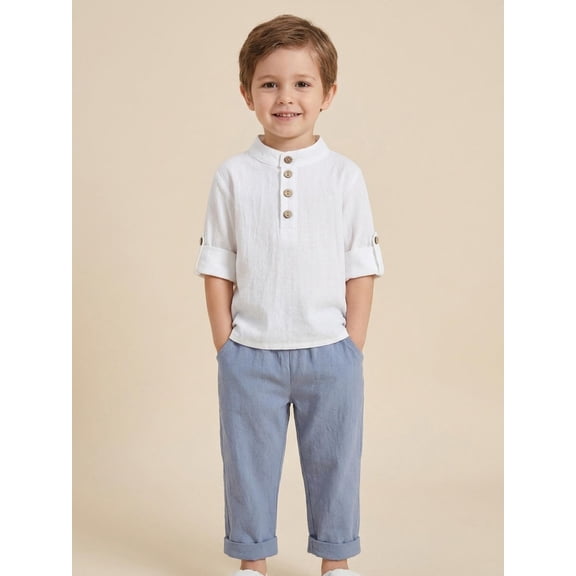 Kids Boys Summer Outfits Solid Color Buttons Short Sleeve Shirts and Elastic Waist Long Pants 2Pcs Clothes Set