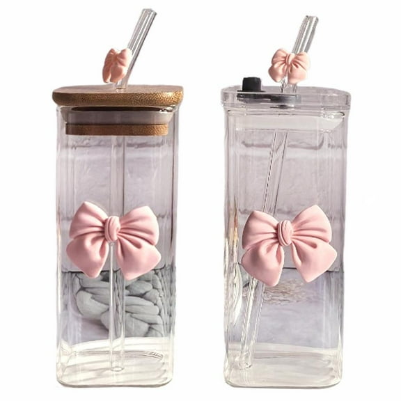 Coquette Bow Aesthetic Cup Pink Bow Glass Cup, Cute Glass Cups with Lids and Straws, 14 oz Bow Tumbler Iced Coffee Tumbler Cups for Teen Girls Women Girlfriends Gifts