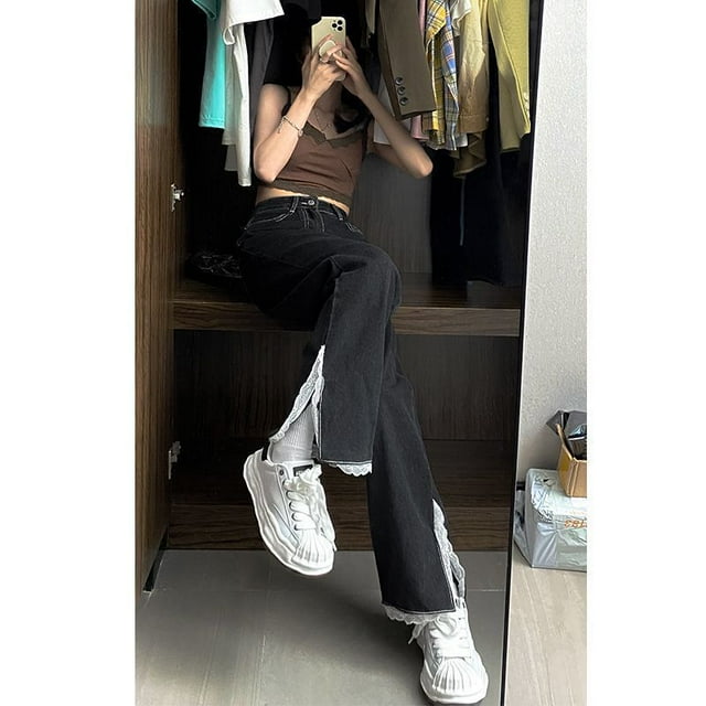 Jeans Style Américain Rue Haute pour Femmes Tendance Blanc Taille Haute Doux Ample Jambes Larges