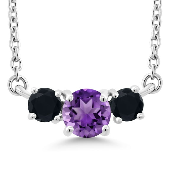 Gem Stone King 0.53 Ct Round Purple Amethyst Black Onyx 10K White Gold Necklace