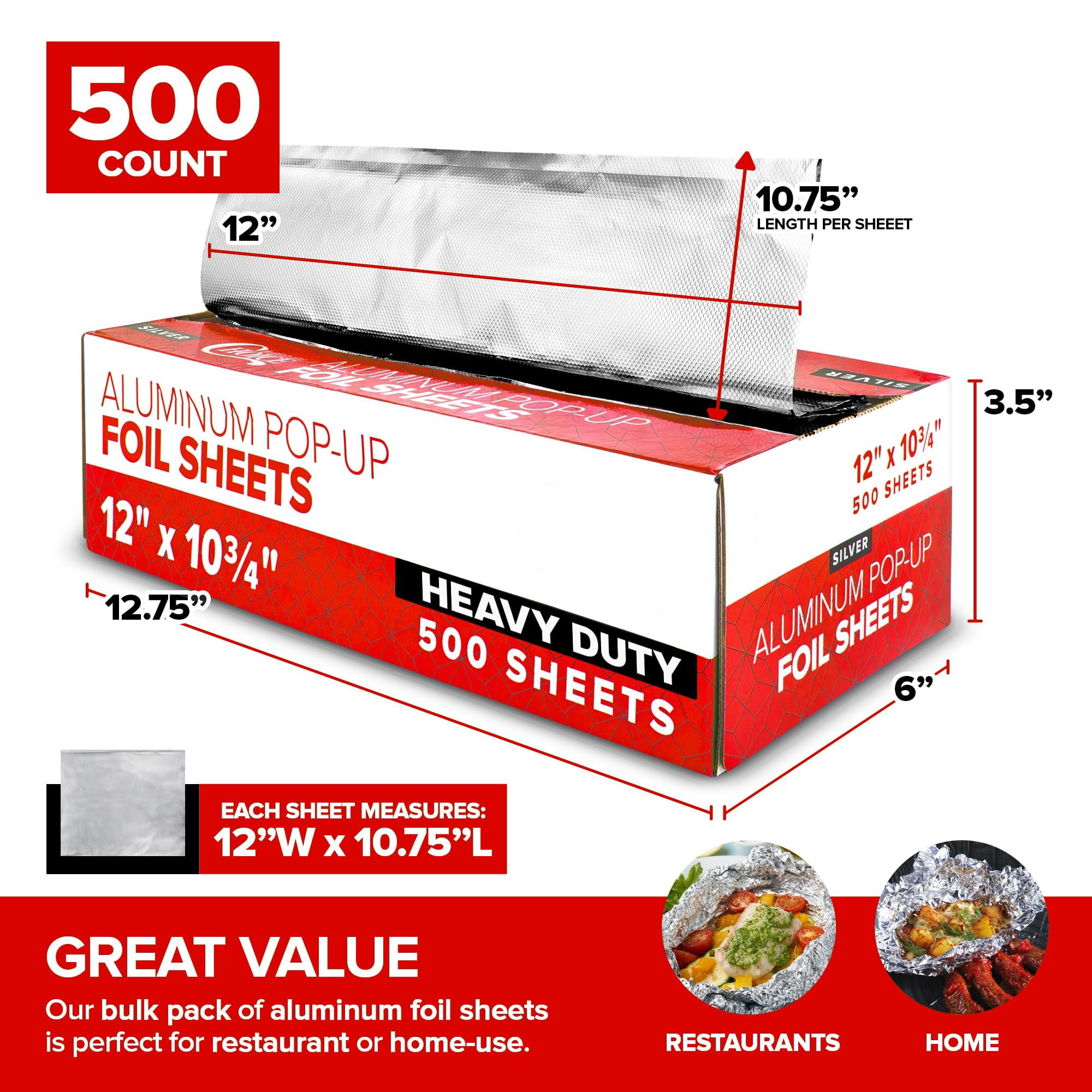 12” Ultra Heavy Duty Pop Up Deli Aluminum Foil Sheets, 500 Count Pre-Cut Foil Sheets, Heavy Duty Foil for Restaurant, Disposable Foil for Food, Tin Foil Sheets for Burrito, Hot Dog or Sandwich