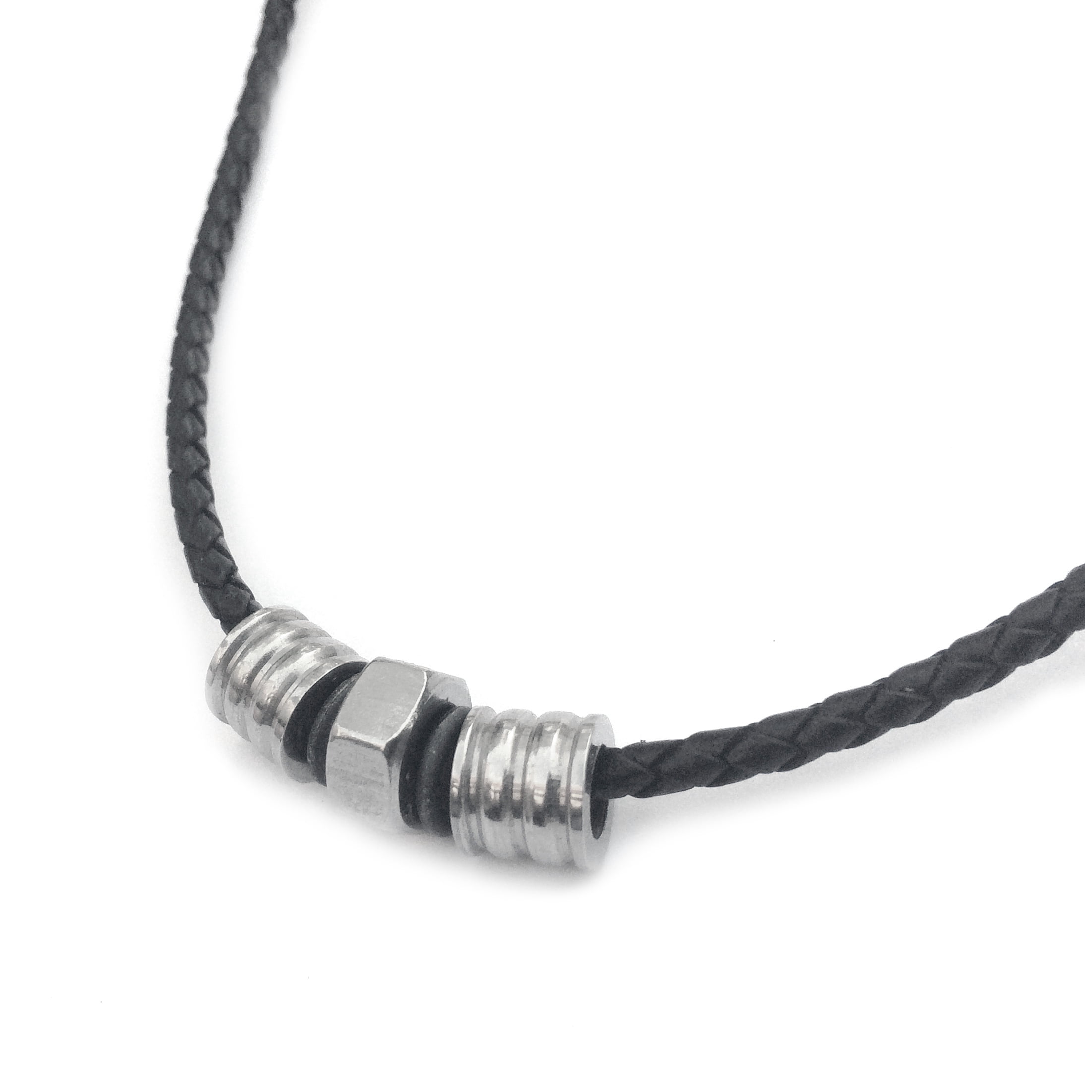 Stainless Steel Hexagon Bead Necklace Black Braided Leather Cord - 16 Inch