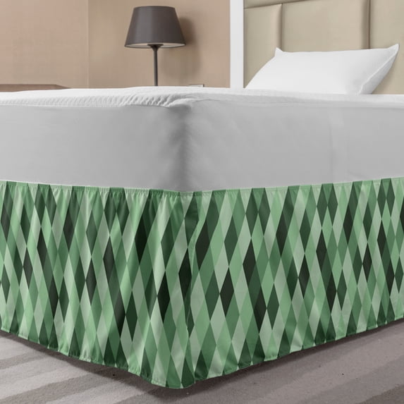 Geometric Rhombus Bed Skirt, Modern Symmetric Classic Argyle Pattern Green Palette Print, Elastic Bedskirt Dust Ruffle Wrap Around for Bedding Decor, 4 Sizes, Pale Green Dark Green, by Ambesonne