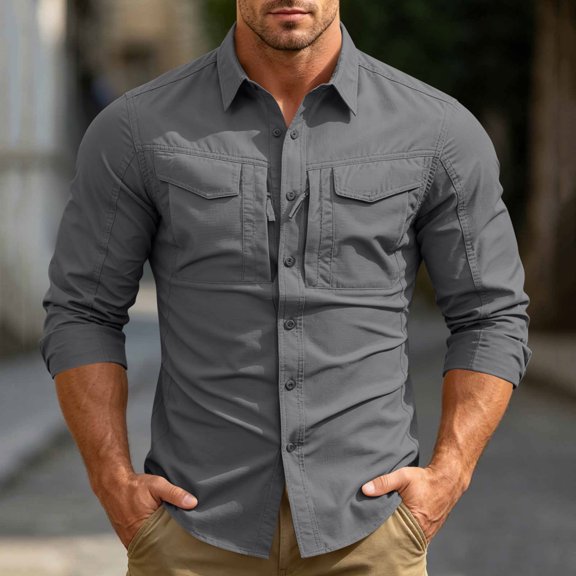 Ceisia Men Ripstop Long Sleeve Tactical Button Down Shirt Dual Chest Pockets Breathable UPF 50 Outdoor Hiking Work Military Top Gray XL Gift