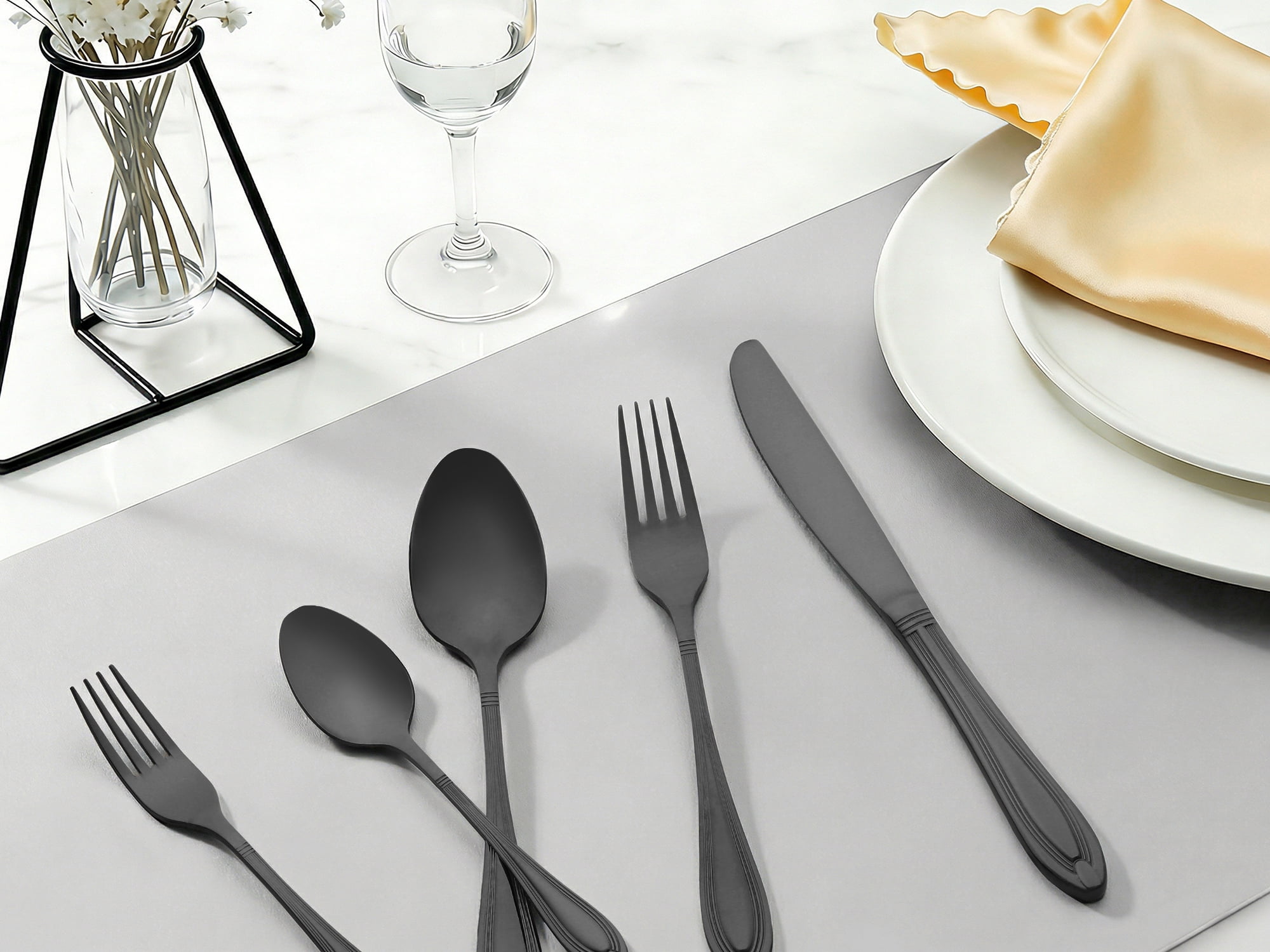 Unique Bargains 20 Pieces Stainless Steel Flatware Silverware Set Black
