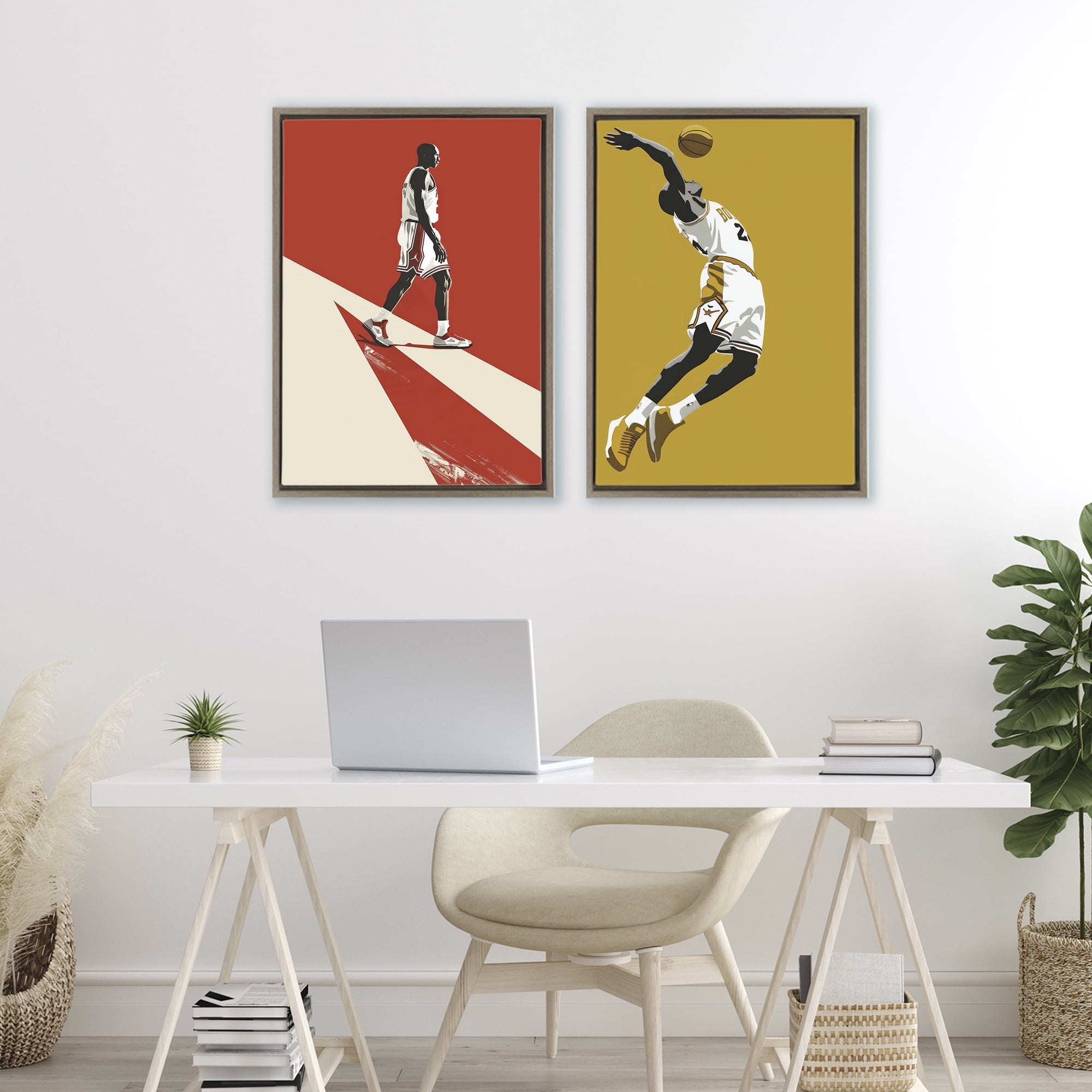 Stupell Industries Iconic NBA Champions 2 Piece Brown Framed Floater Canvas Set, design by Ray Powers