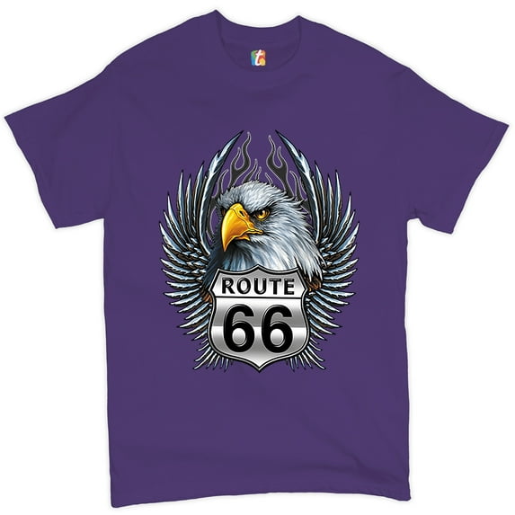 Tee Hunt Bald Eagle Route 66 Road Sign T-Shirt Live to Ride Born to Be Wild Men's Tee, Purple, 4X-Large