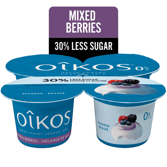 Oikos Greek Yogurt, Mixed Barries, Blended, 30% Less Sugar, 4 x 100 g