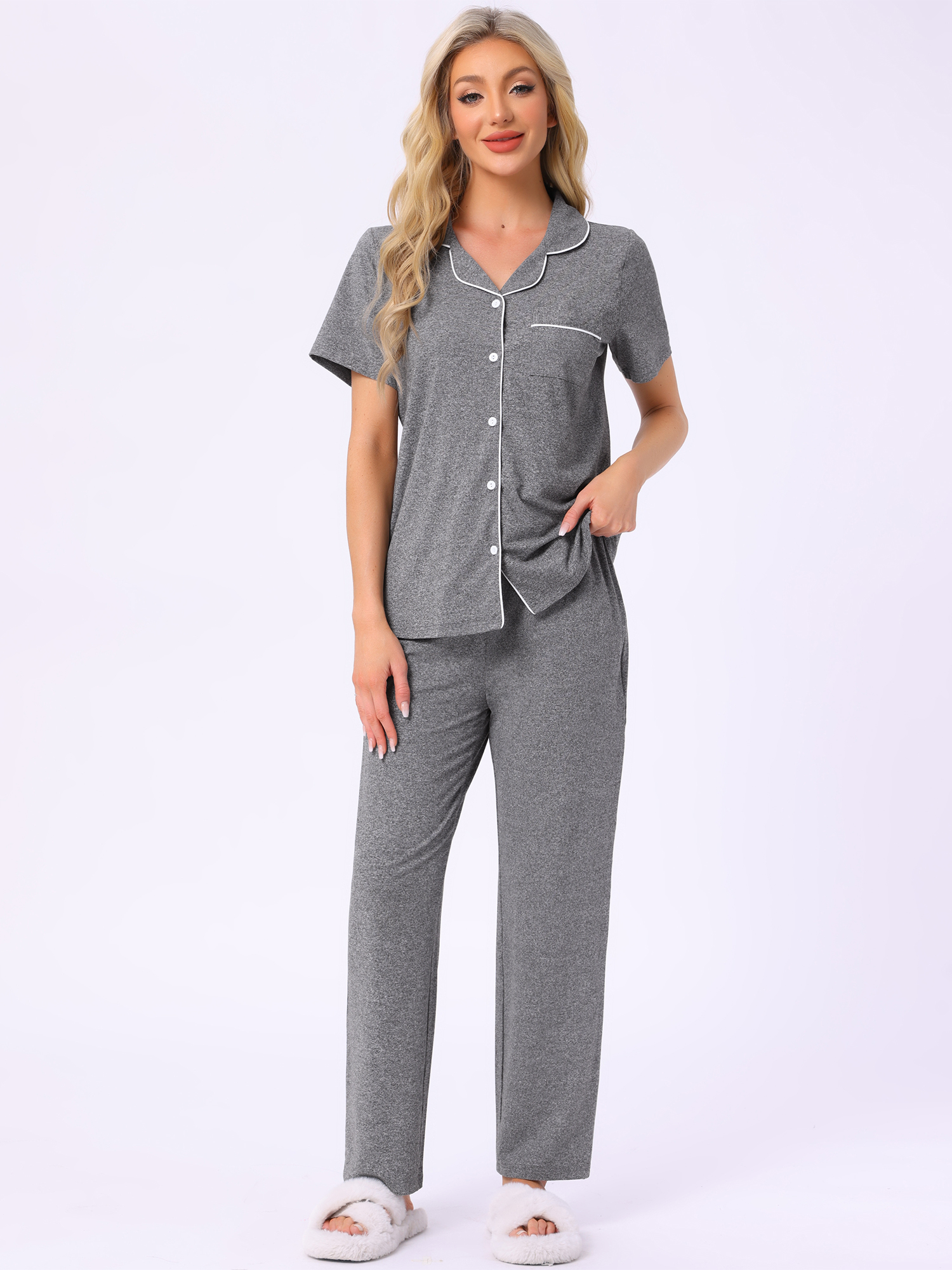DARING DIVA Women's Pajama Set Button Down Soft Short Sleeve Long Pants S Deep Grey
