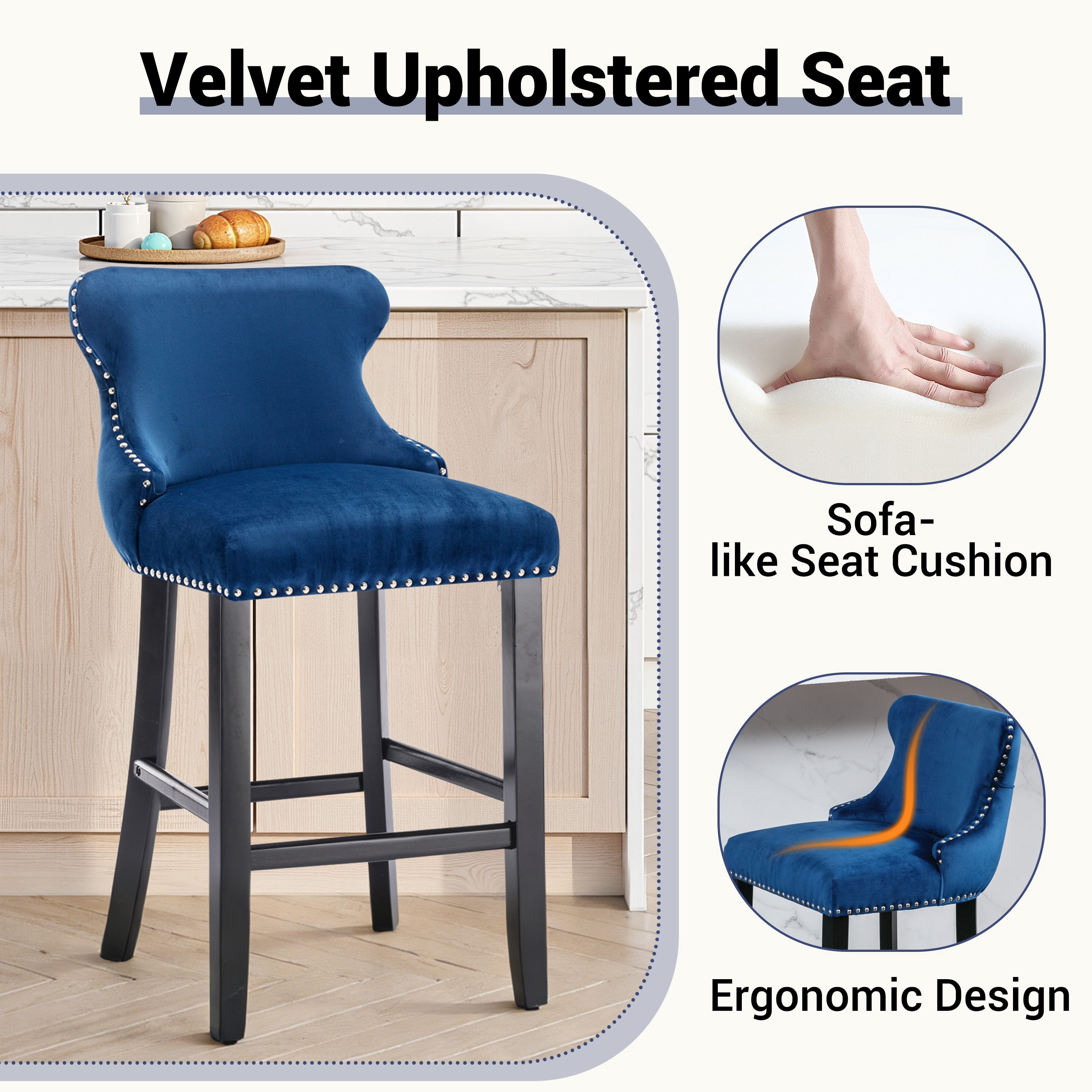 Bar Stool Set of 4, Legahome 26" Counter Height Bar Stools with Back, Velvet Upholstered Bar Stool with Button Tufted & Wooden Legs, Bar Stools Chair for 35-39" Kitchen Island Counter, Blue