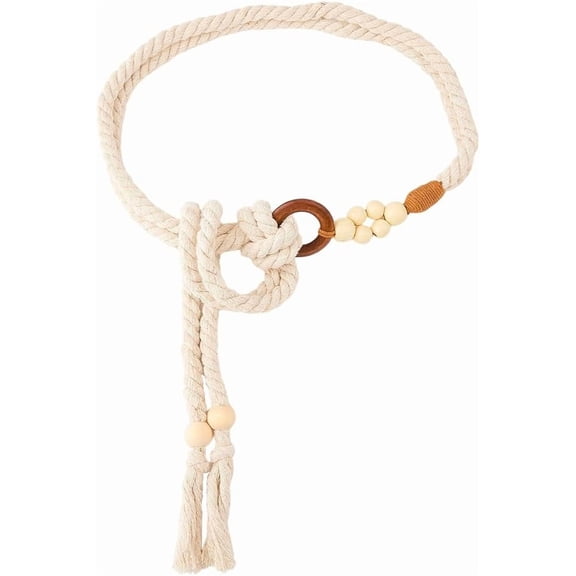1Pc Waxed Cord Corset Belt with Wood Beads White Cotton Women Vintage Tassel Long Waist Belt 1375mm for Women Daily Wear