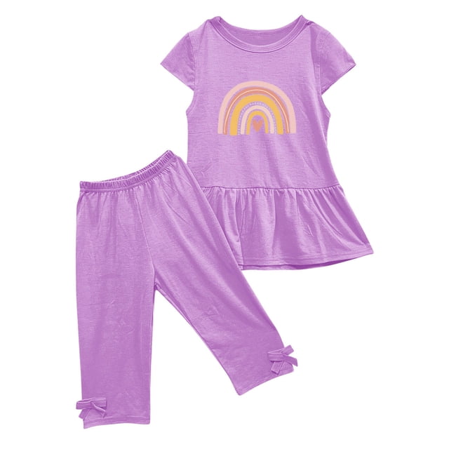 Birdeem Chemises pour Filles Été Col Rond Petit Imprimé Manches Courtes Manches Volantes Taille Élastique Pantalon Court Ensemble Deux Pièces