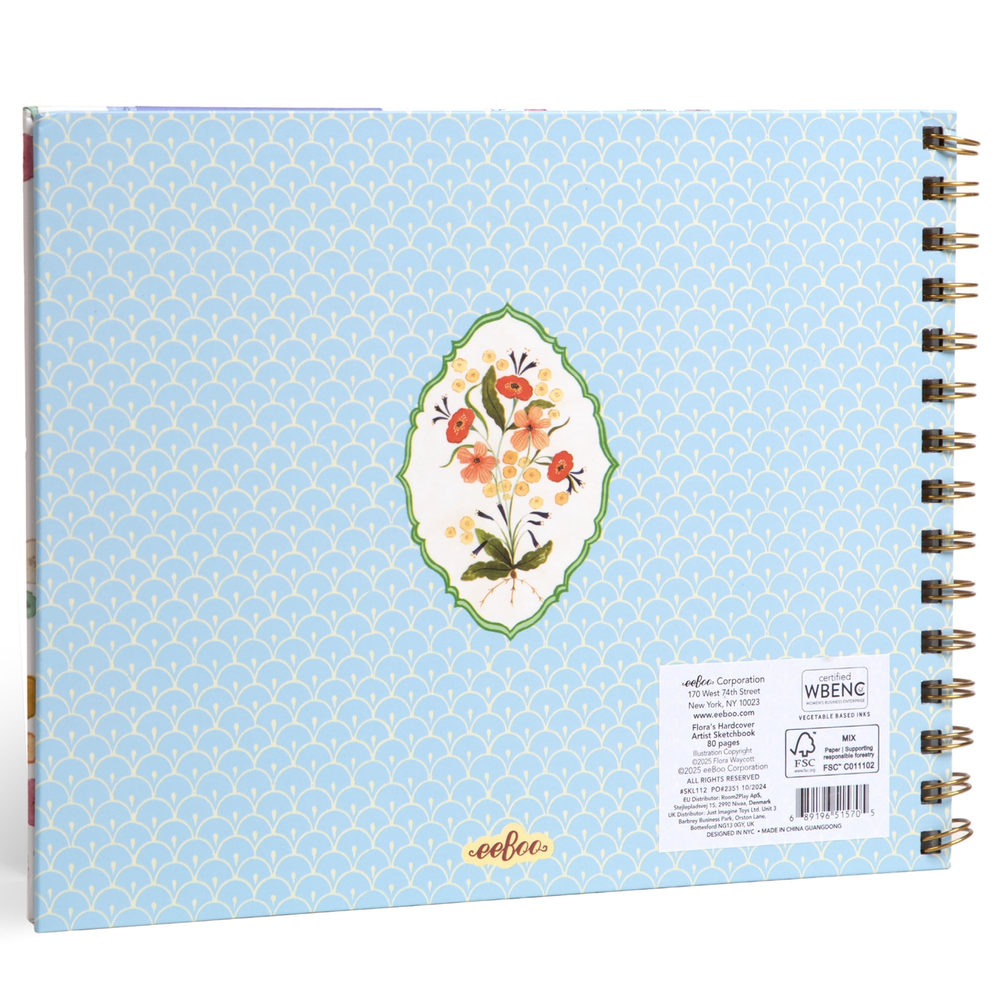 eeBoo Piece & Love: Artist Sketchbook - Flora's - 80 Pages, 9.5 x 7.5" Hardcover Spiral Book, 160 GSM, 108 LBS Drawing Paper, Cream w/ Flowers Cover