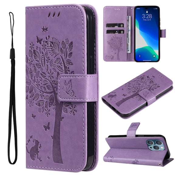 Wallet Case for iPhone 14 Pro, PU Leather Flip Protective Phone Case Wrist Strap Card Slots Holder Cash Pocket Embossed Kickstand Anti-Scratch Shockproof Case for iPhone 14 Pro, Lightpurple