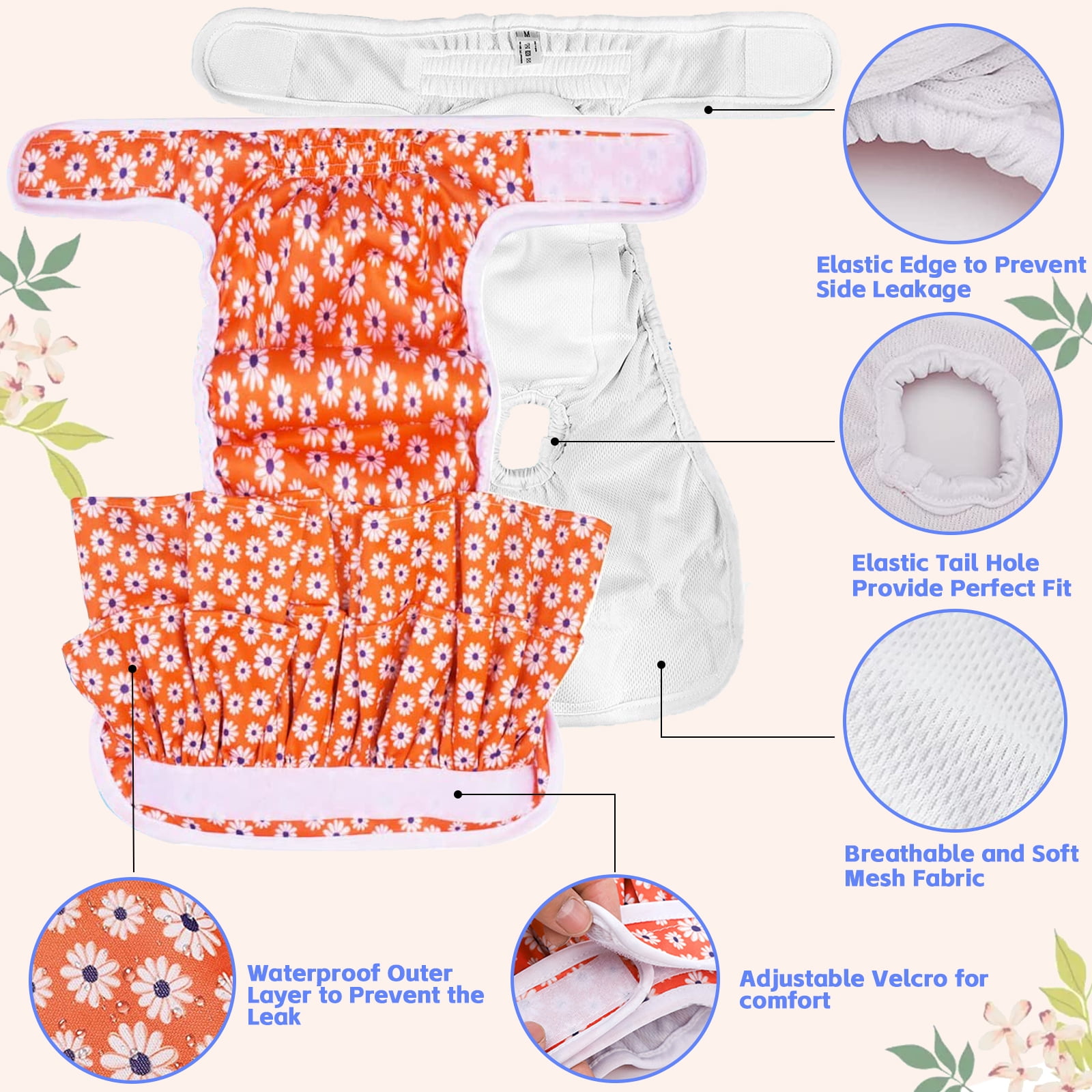 Dog Diapers for Female, 3pk Washable Puppy Diaper,  Reusable Heat Panties for Female Doggy in Period/Incontinence, Water Absorbent Pet Sanitary Wraps Pants for Small Medium Large Dogs, M