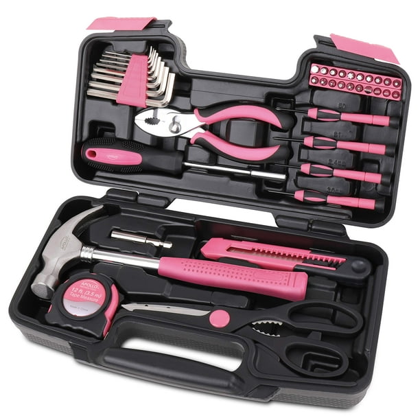 Juego de herramientas Apollo Tools Original de 39 piezas en caja de herramientas rosa