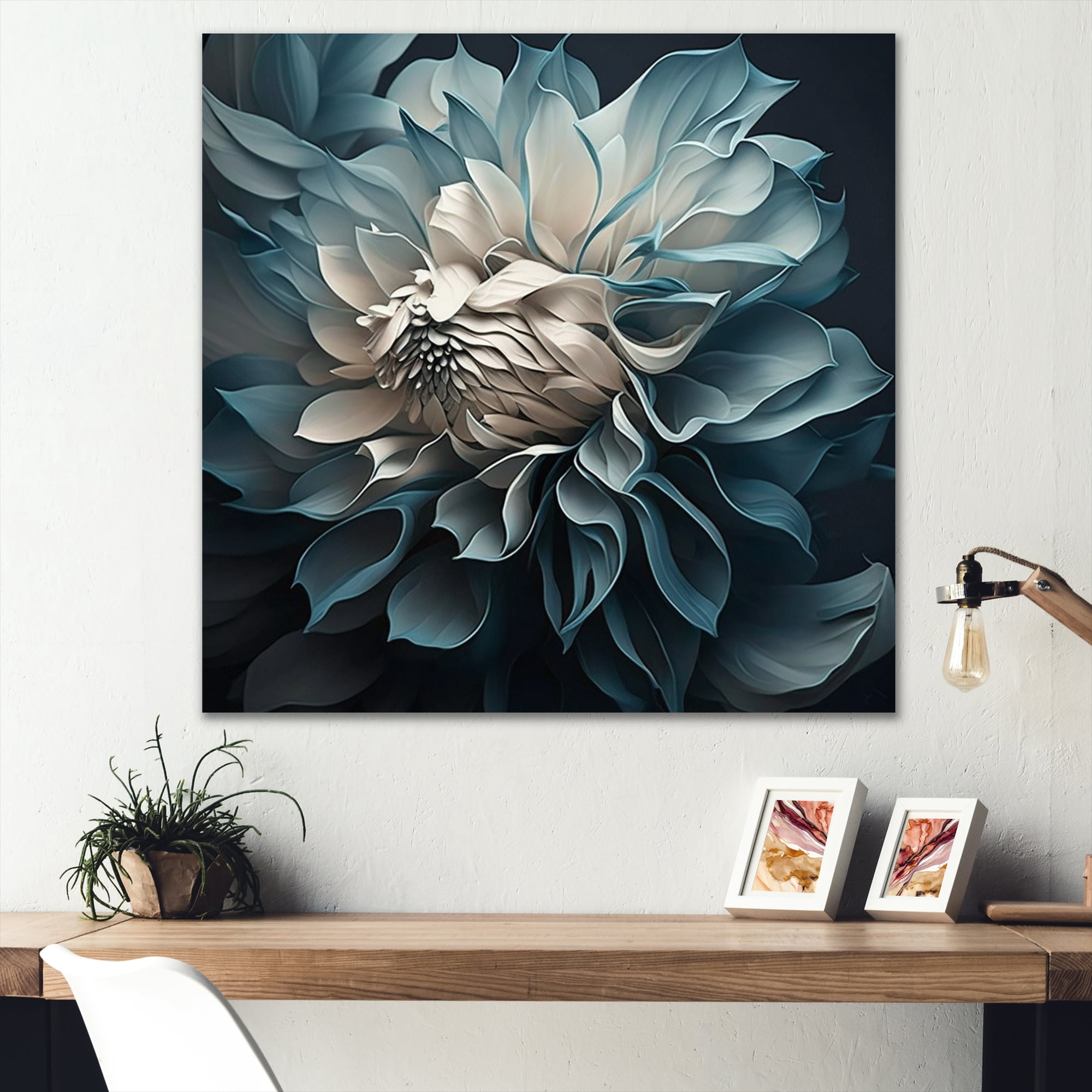 Designart Blue And White Dahlia Flowers I Canvas Wall Art