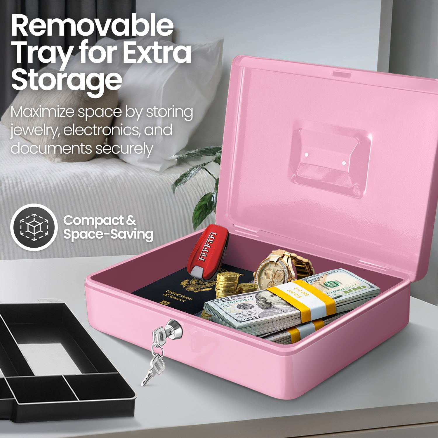 Cash Box with Money Tray, 2 Keys, Pink Security Lock Box with Removable 9 Compartment Tray Steel Construction Cashier Drawer Money Safe Storage for Currency Bill Check Jewelry, Small Portable