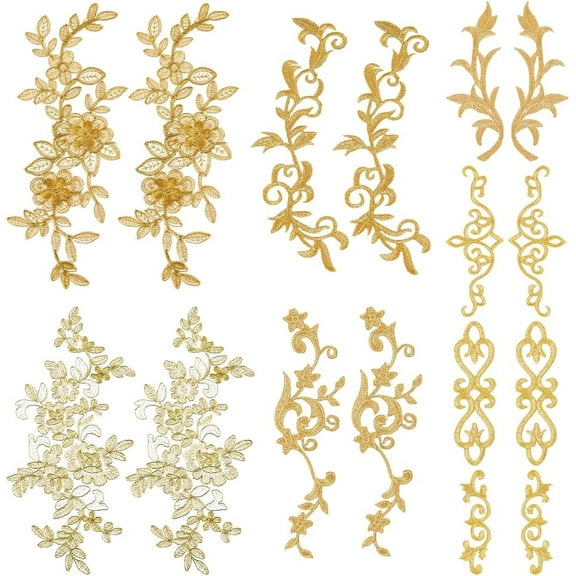 16Pcs 8 Styles Gold Flower Appliques Floral Embroidery Patch Lace DIY Appliques Sew Iron on Patch Sewing Craft Decoration for Prom Wedding Dress Clothes Bags