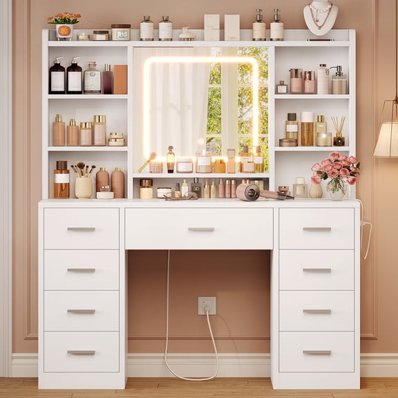 Makeup Vanity Set with Mirror and Lights , Vanity Table with 9 Drawers and 7 Storage Shelves, Vanity Desk for Bedroom, Dressing Room, White