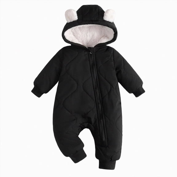 Baby Winter Fleece Lined Romper Bear Ear Hooded Quilted Snowsuit Full Zipper Warm Jumpsuit Outfit