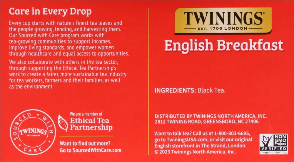 Pack of 2 Twinings of London English Breakfast Pure Black Tea Bags, 50 ct, 3.53 oz (Package May Vary)