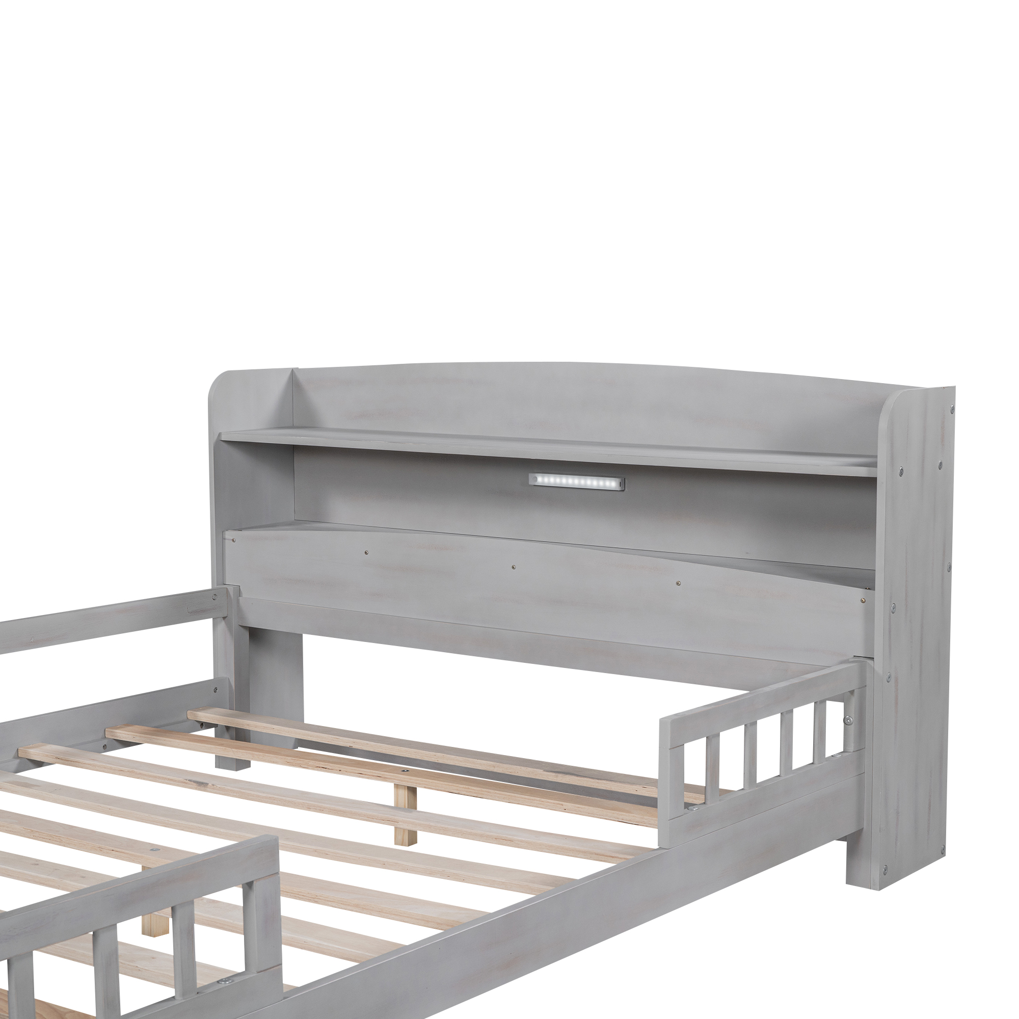 Sailvan Full Wood Platform Bed Frame with LED Light and Storage Headboard Antique Gray