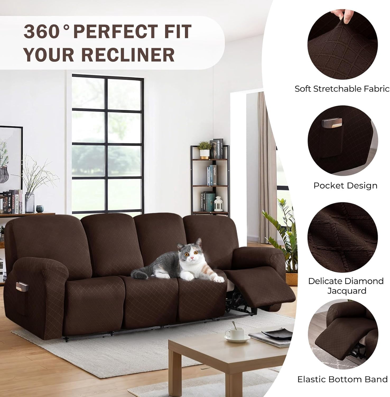 Diamond Recliner Sofa Covers 10-Pieces Stretch Large RV Couch Covers for 4 Seats Reclining Slipcovers Soft Solid Furniture Protector (Dark Coffee,4 Seat)