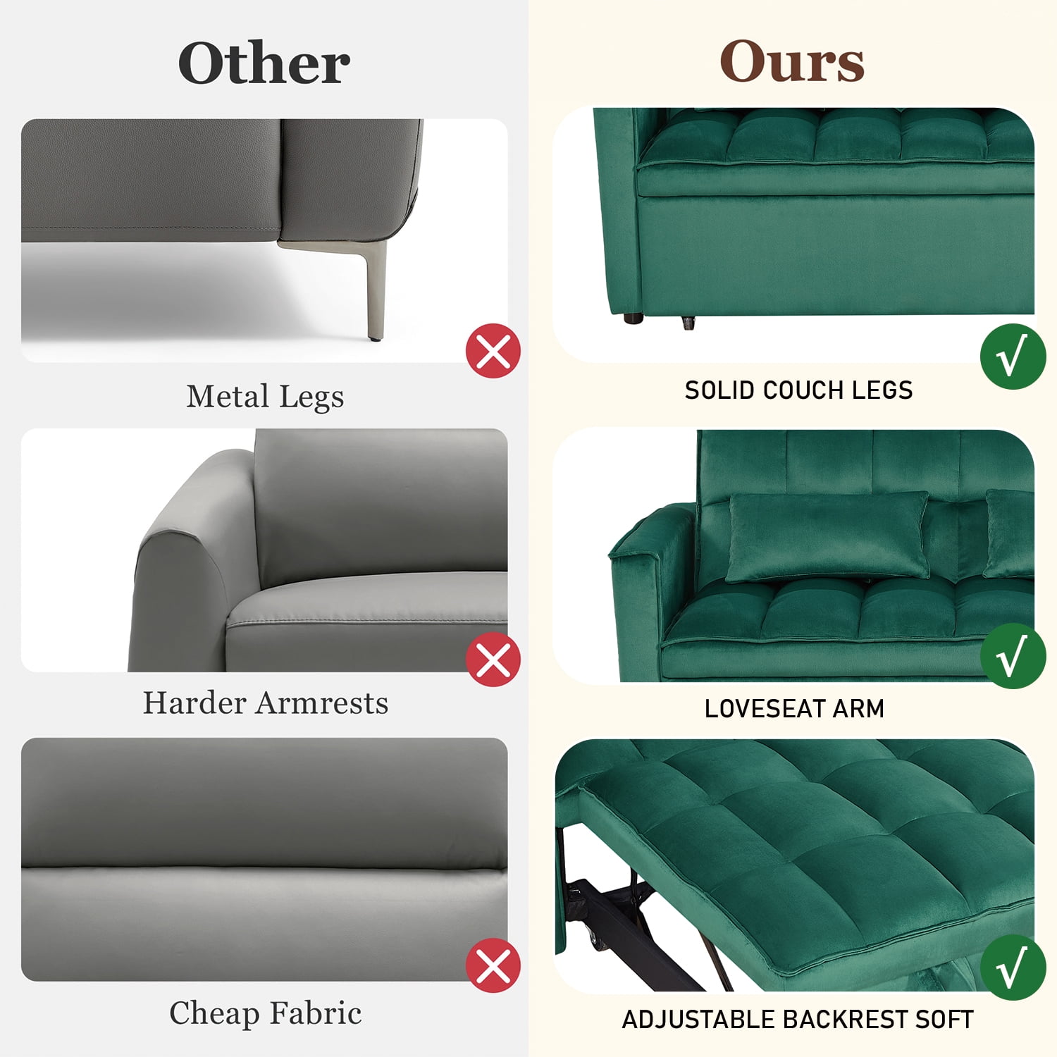 3-IN-1 Convertible Sofa Bed | Compact 2-seater sofa bed | 53.5-inch Velvet Fabric Sofa | Suitable for apartments, small flats, motorhomes, children's rooms, client reception areas, office rest areas,